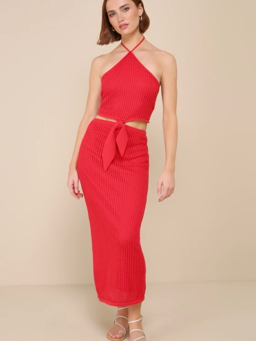 Lulus Sunny Serenity Bright Red Crochet Cutout Halter Midi Dress size small